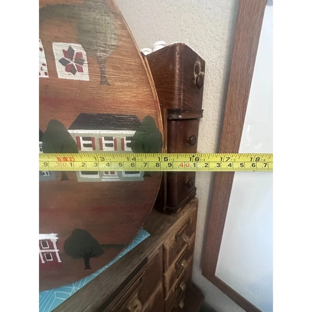 Vtg Hand Painted Wooden Cheese Box FolkArt Americana Primitive Village Scene Lid